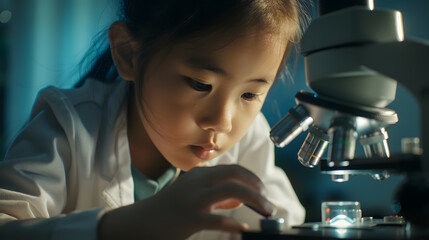 Girl using microscope at home or classroom Curiosity is the key of successful learning experience in early childhood education : Generative AI