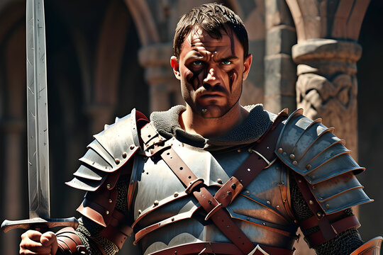 A gladiator is wearing armor and looking with agrim face with a sword.