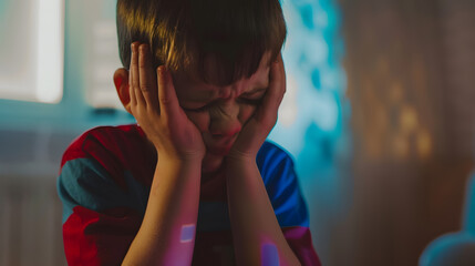 Boy crying while playing alone at home Childhood traumatic experience psychology psychological asperger syndrome aspergers disorder autistic autism : Generative AI