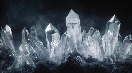 Raw quartz crystals displayed against a dark backdrop
