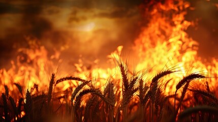 large wheat crop on fire