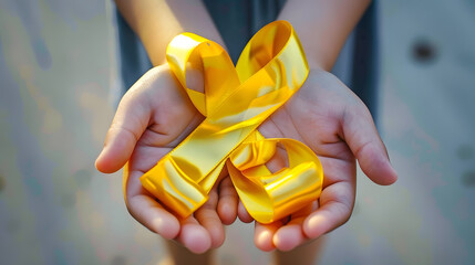 International Childhood Cancer Day Child hands holding yellow gold ribbon Sarcoma Awareness Bone cancer childhood cancer awareness Concept I Am and I Will banner copy space : Generative AI