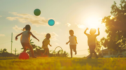 childhood leisure and people concept group of happy children playing with hopper balls and hula hoop at park : Generative AI