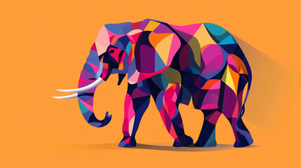 Brightly colored illustration of an elephant with a geometric pattern
