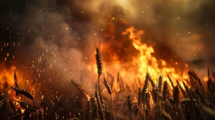 large wheat crop in flames by day