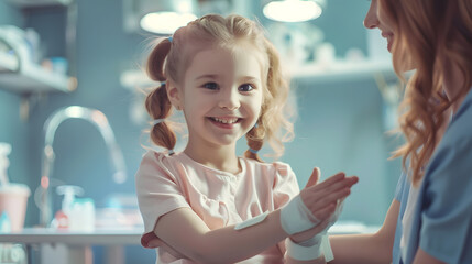 Cute little girl with mother at the doctor pediatrician Using bandage for hand injury : Generative AI