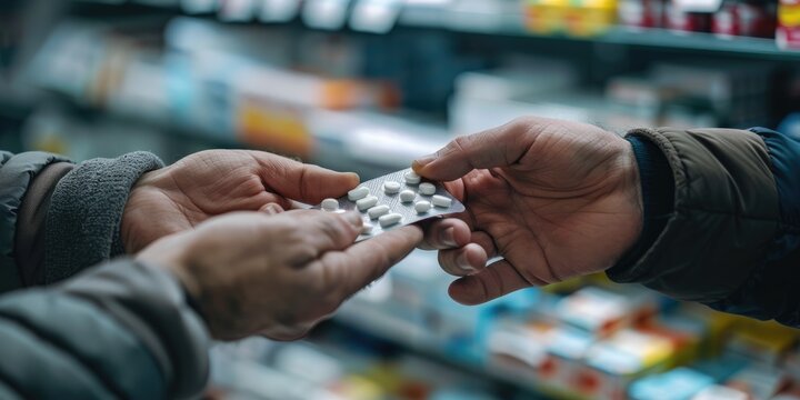 a pharmacist hand giving medicine to the customer AIG51A.