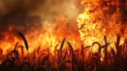 large wheat crop in flames by day. concept social problems, fire, crop, wheat, nature, field, farm in high resolution