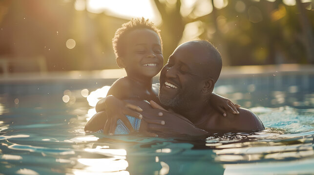 Portrait of cheerful african american shirtless father carrying son while swimming in pool at resort Unaltered family love togetherness childhood enjoyment summer and weekend concept : Generative AI