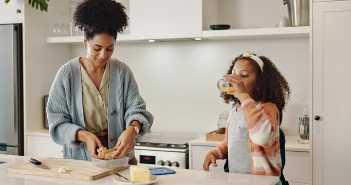 Mother, child and packing school lunch in kitchen for healthy nutrition or container, sandwich or breakfast. Woman, daughter and home apartment for wellness development or student, helping or drink