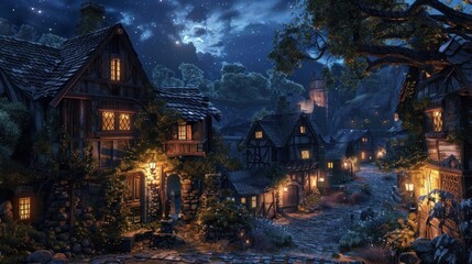 Beautiful Old medieval village at night, highly detailed 3d digital art style