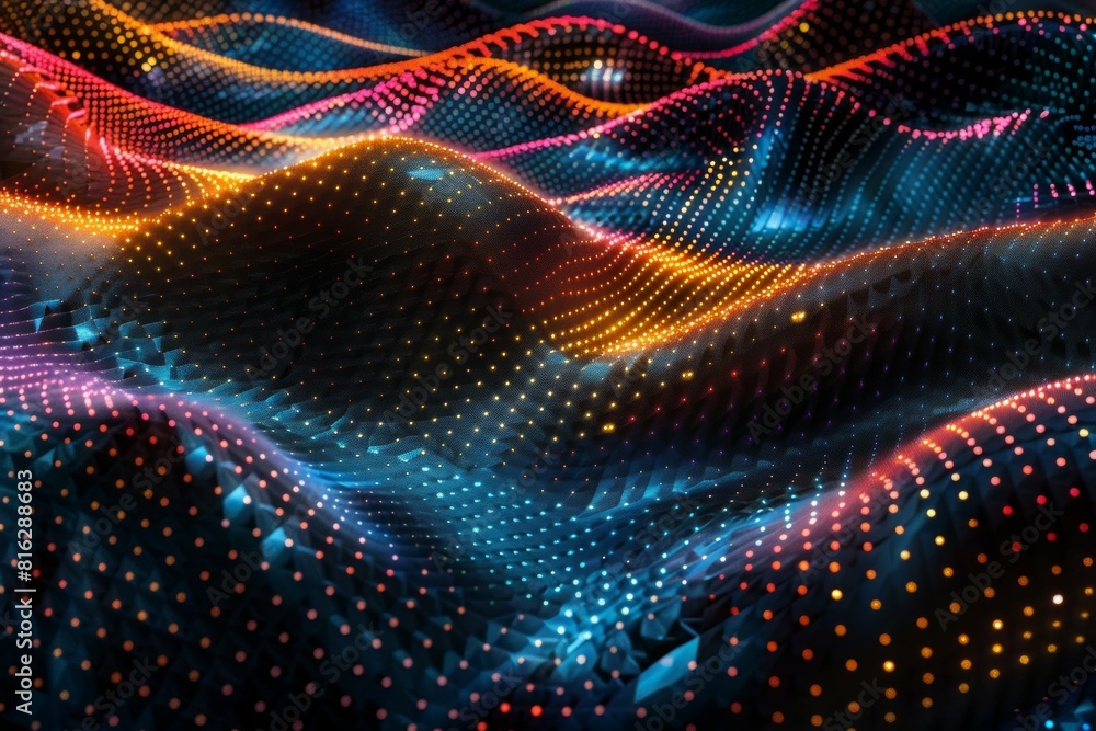 Poster a colorful, abstract image of a wave with dots of different colors