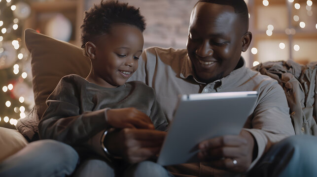 Happy african american father and son sitting on sofa using tablet in living room : Generative AI
