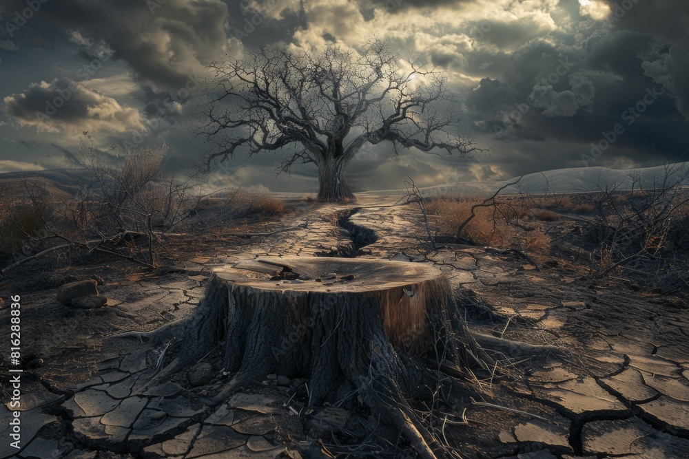 Poster stump from felled tree in drought concept. record summer heat. background of the consequences of env