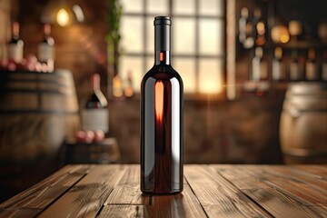 A bottle of wine is sitting on a wooden table in a dimly lit room