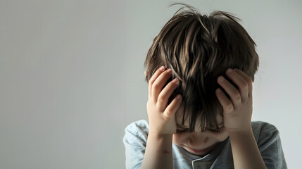 Fototapeta premium Upset problem child with head in hands concept for childhood bullying depression stress or frustration with white background : Generative AI