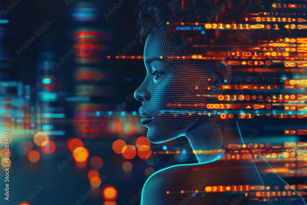 Poster a woman's face is shown in a computer generated image with a lot of numbers