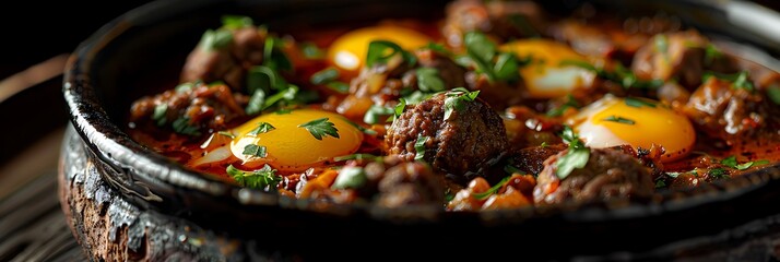 Moroccan Kefta Tagine with Eggs, fresh foods in minimal style