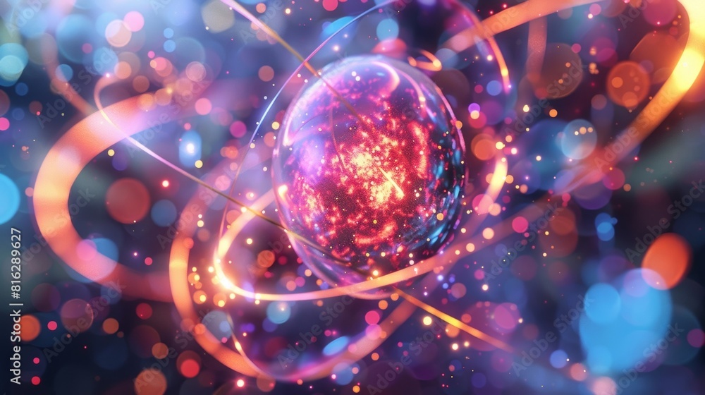 Poster the safari guide points out a nucleus explaining its role as the center of the subatomic universe.
