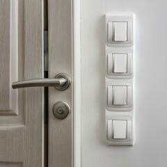 Light switches on white wall near closed room door with mechanical handle