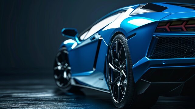 blue generic unbranded luxury sport car on a very dark black background, banner 