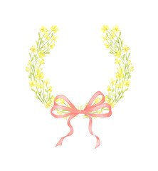 Floral yellow small wildflowers with watercolor illustration wreath with bow. Summer meadow with floral print and wildflowers. Isolated from the background. For designing cards, invitations, wedding 