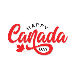 Happy Canada Day typography logo with red a maple leaf vector. handwritten lettering for celebrating Canada day on first July. Greeting card, poster, banner. red color background.