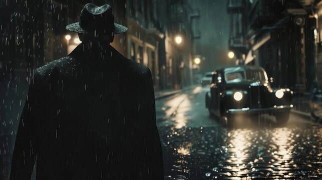 A noirinspired shot of a mafia boss stepping out of a classic 1950s car, hat tipped low, as rain slicks the cobblestone streets around him, Close up