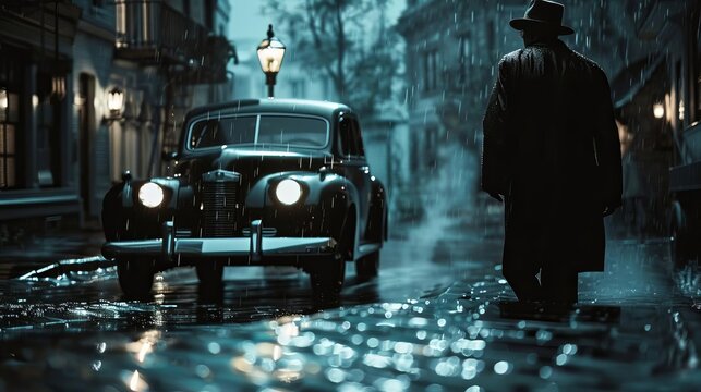 A noirinspired shot of a mafia boss stepping out of a classic 1950s car, hat tipped low, as rain slicks the cobblestone streets around him, Close up