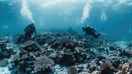 Coral reef under the sea and divers beside it, AI generated Image
