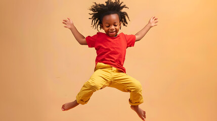 Breakdancing joyful african american cute little child boy levitating in jump Funny small excited dancing kid having fun hop Positive emotions and triumph concept : Generative AI