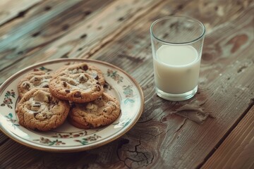 A plate with freshly baked cookies sits beside a glass of milk on a rustic wooden table.