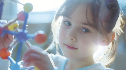 Little girl having fun holding a molecular model learning chemistry science in the classroom...