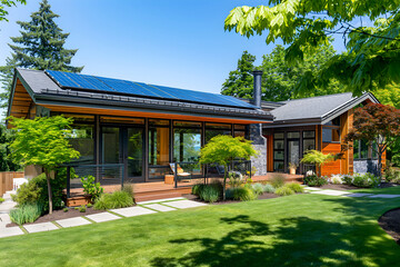 Fototapeta premium Modern Solar Panels Installed On A Home Under Clear Blue Sunny Sky, Solar Photography, Solar Powered Clean Energy, Sustainable Resources, Electricity Source