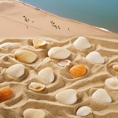 Fototapeta na wymiar Texture of beach sand with seashells imprint. Beach sand texture in summer sun. Seashells on sand beach