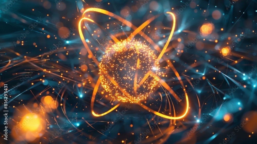 Poster an animated visual of the everchanging and intricate layers of electron clouds around an atom.