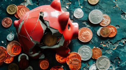broken piggy bank, broke and bankruptcy concept, economy recession, finance crisis, business failure