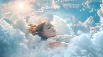 Magical journey Art collage with little beautiful girl lying on white cloud and flying above land mountains nature landscape Concept of childhood happiness dreams adventure Looks excit : Generative AI