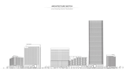 Naklejka premium Architecture line drawing. Cityscape Sketch, Vector Sketch. Architecture Illustration.