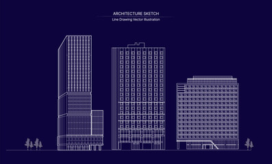 Fototapeta premium Architecture line drawing. Cityscape Sketch, Vector Sketch. Architecture Illustration.