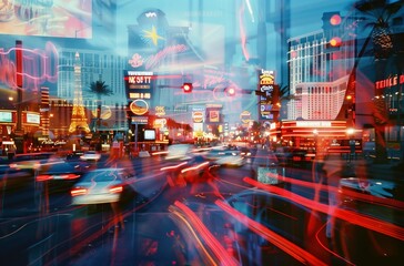 Nighttime photo of a Las Vegas street, cars and lights, neon signs, multiple exposure, double Exposure, motion blur. From the Series �Cosmic Living," "The Strip.�