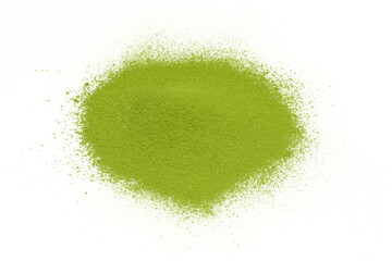 Pile of green matcha tea powder isolated on white background
