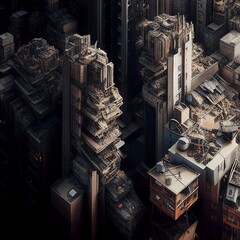 Aerial view color photograph of alien city skyscrapers with enigmatic architecture and disintegrated digital glitch detail. From the series �Machine City.�
