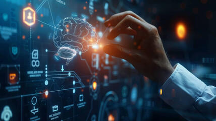 Businessman touching the brain working of Artificial Intelligence (AI) Automation, Predictive analytics, Customer service AI-powered chatbot, analyze customer data, business and technology.