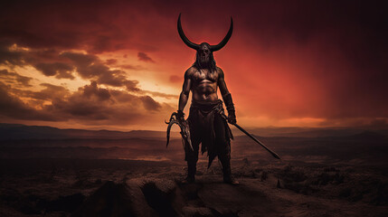 Full body portrait of a lone warrior, with a menacing demon emerging from their shadow, amidst a desolate battlefield under a blood-red sky, the tension palpable with a sense of impending conflict, Ph