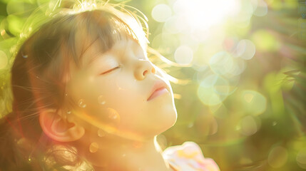 Fototapeta premium Child breathing fresh air Child faith praise and happiness and freedom Kid resting in summer park Kid put face to the sun closed her eyes and feeds energy of nature dreams : Generative AI