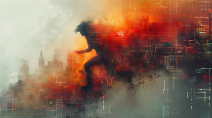 Dynamic Representation of a Runner Bursting into Fiery Pixels Over a Digital Urban Landscape