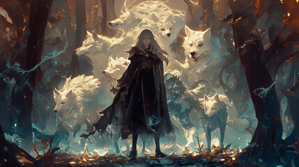 Full body portrait of a young witch, with a sinister shadowy figure looming behind her, surrounded by ethereal white wolves in a dense forest, the witch's expression a mix of fear and determination, A