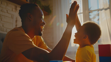 Happy young african American father and little ethnic son give high five playing together with bricks at home overjoyed biracial dad and small boy child celebrate kid achievement learn : Generative AI