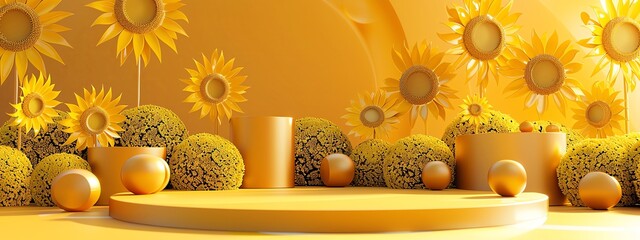 3D rendering image of yellow podium and sunflowers. - Powered by Adobe